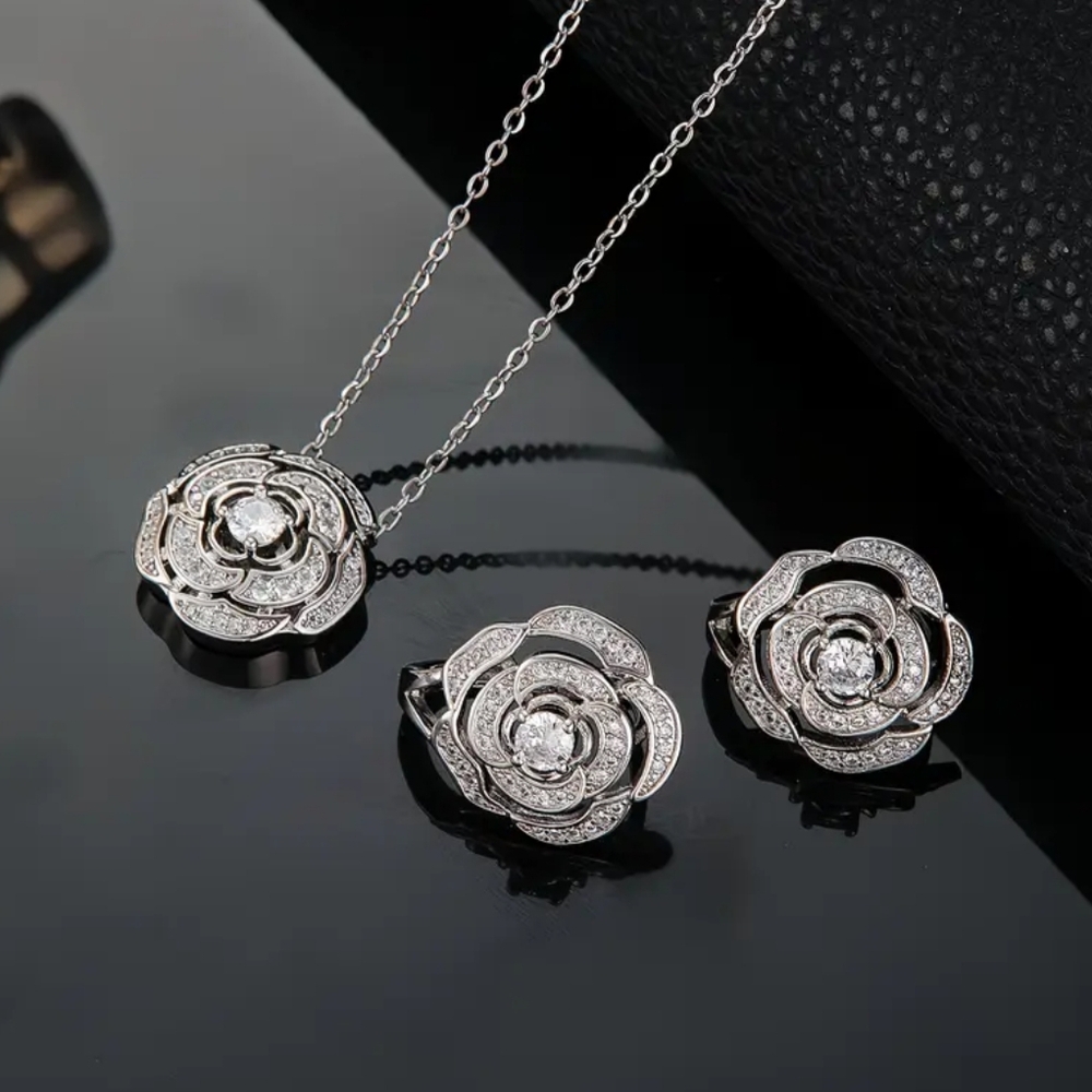 White Rhodium Camellia Earring Set